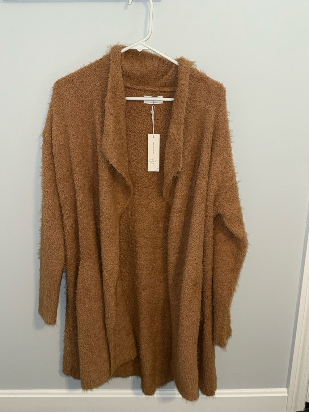Bluivy Fuzzy Open-Front Cardigan - Camel Brown